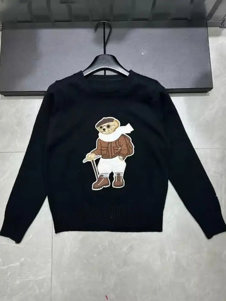 High Street Luxury French Ladies Embroidery Bear Knitted Pullover Sweater For Women Fashion Casual Knitwear Tops Pull Femme