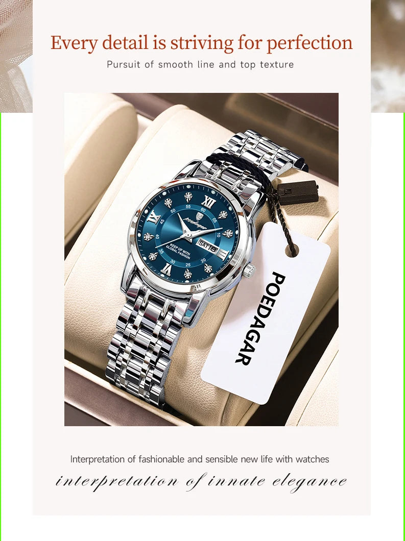 POEDAGAR Luxury Women Wristwatch Waterproof Luminous Date Week Women's Watches Stainless Steel Elegant Dress Quartz Ladies Watch