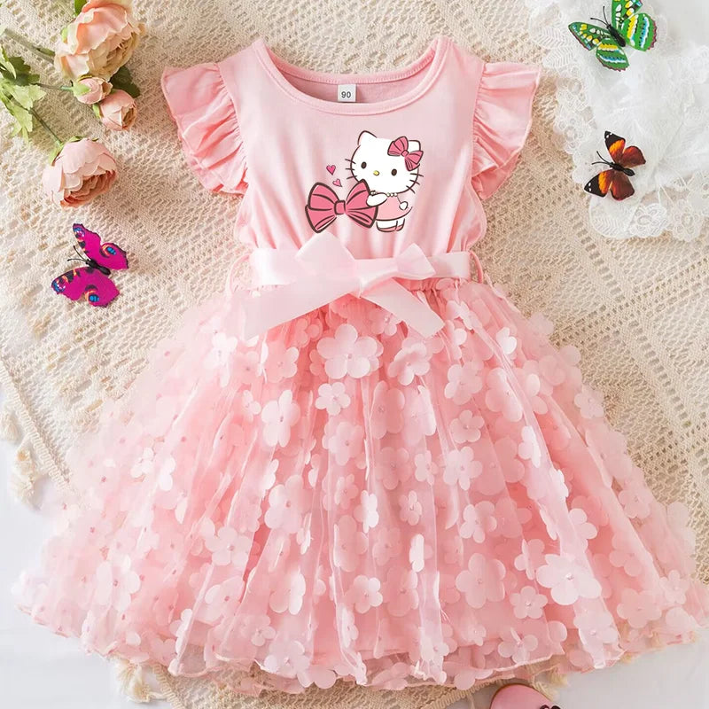 Hello Kitty Girls Summer Dress Cartoon Bow Tutu Dress 3D Butterfly Cute Cotton Party Casual Dress for Baby 2-6 Years