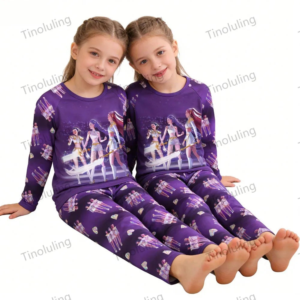 KPop Demon Hunters Huntrix Kids Pajamas Set Long Sleeve Girls Clothing 2pcs Children's Sleepwear Cartoon Boys Nightwear 3-14Y