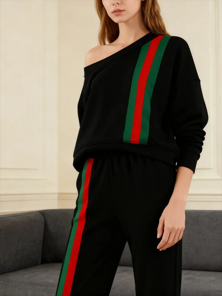 Onecozyday 2025 Autumn Stylish Cold-Shoulder Pullover for Women Contrast Color Striped Long Sleeves Loose Fit Shirt Top