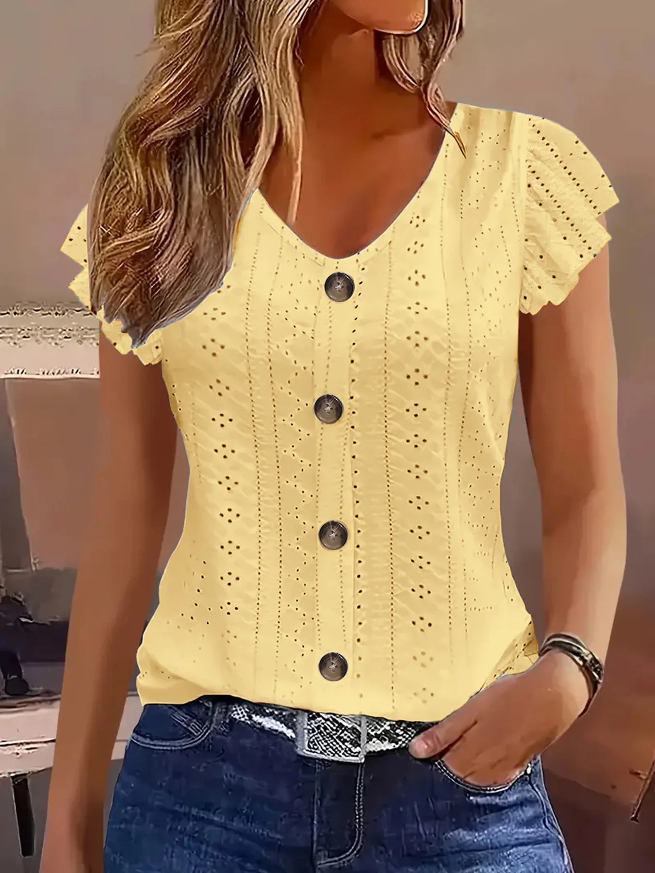2025 Spring/Summer new women's fashion stylish commute casual solid color multi-color ruffle sleeve V-neck T-shirt