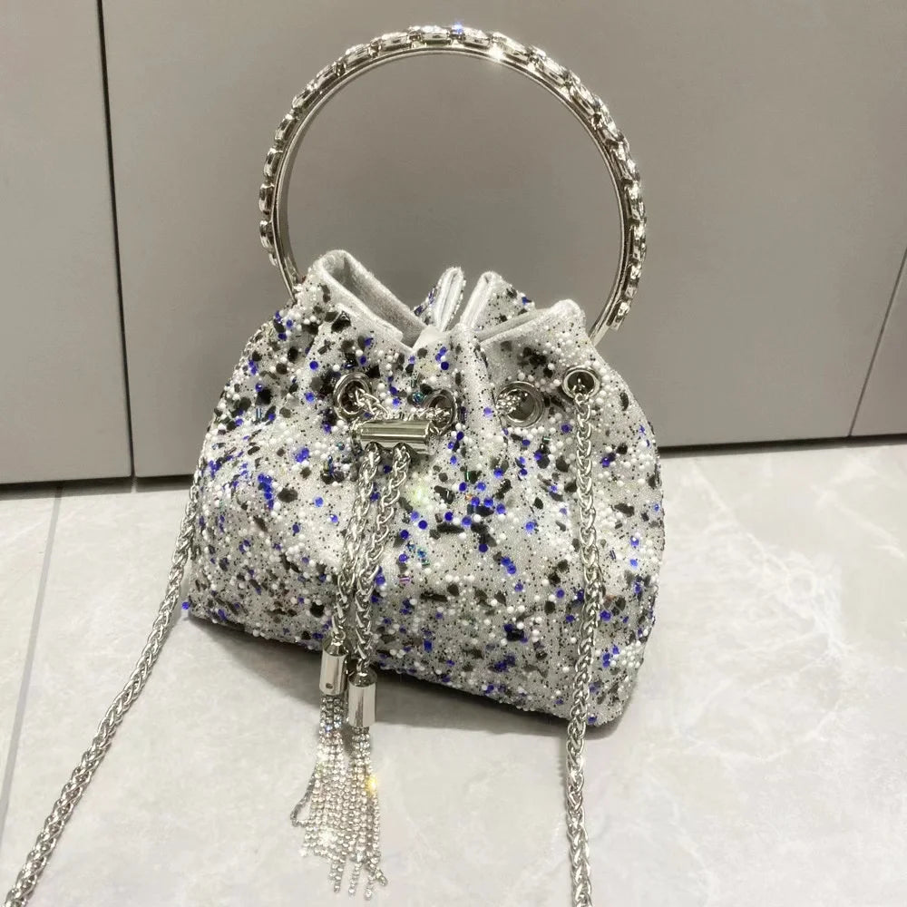 Luxury Designer Colorful Stones Evening Clutch Bag Wedding Party Bucket Purse Metal Handle Women Handbag Shoulder Messenger Bag