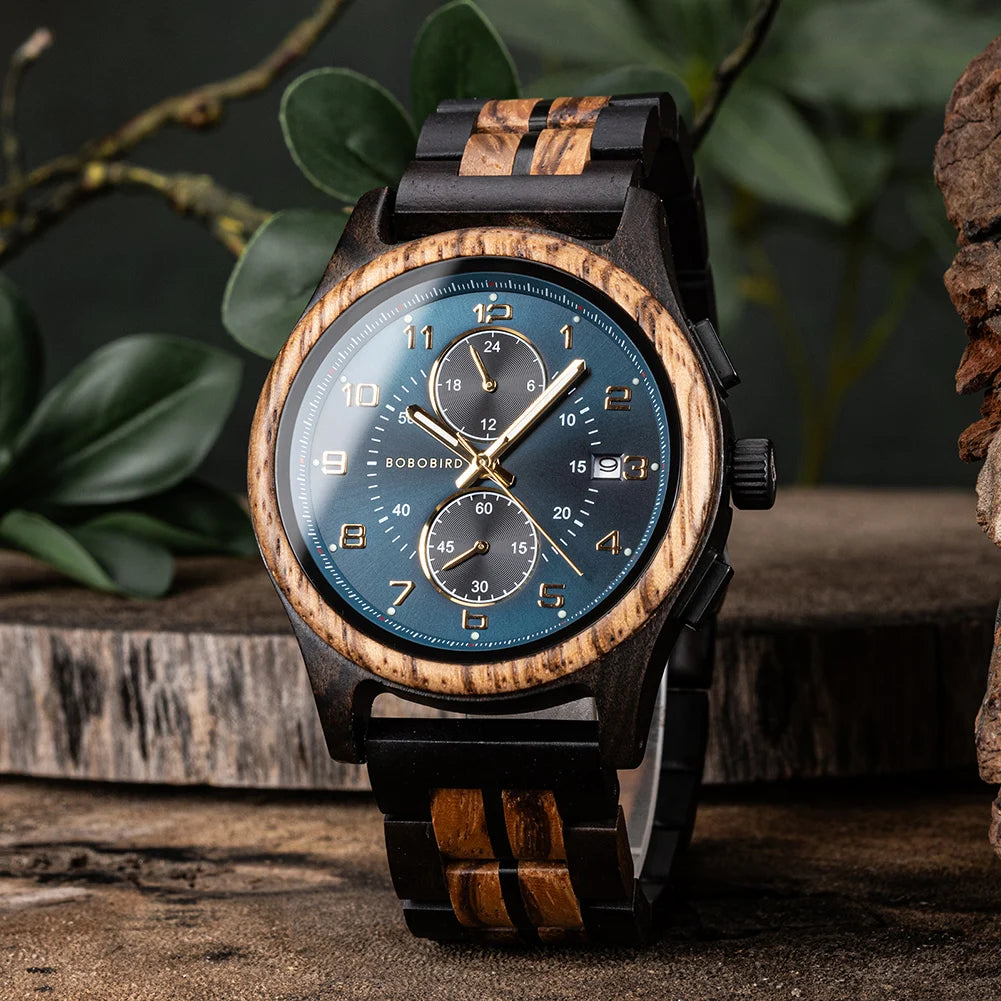 Wooden Watch for Men BOBO BIRD Chronograph Wristwatch with Luminous Hands Wood Watches Anniversary Gift for Him