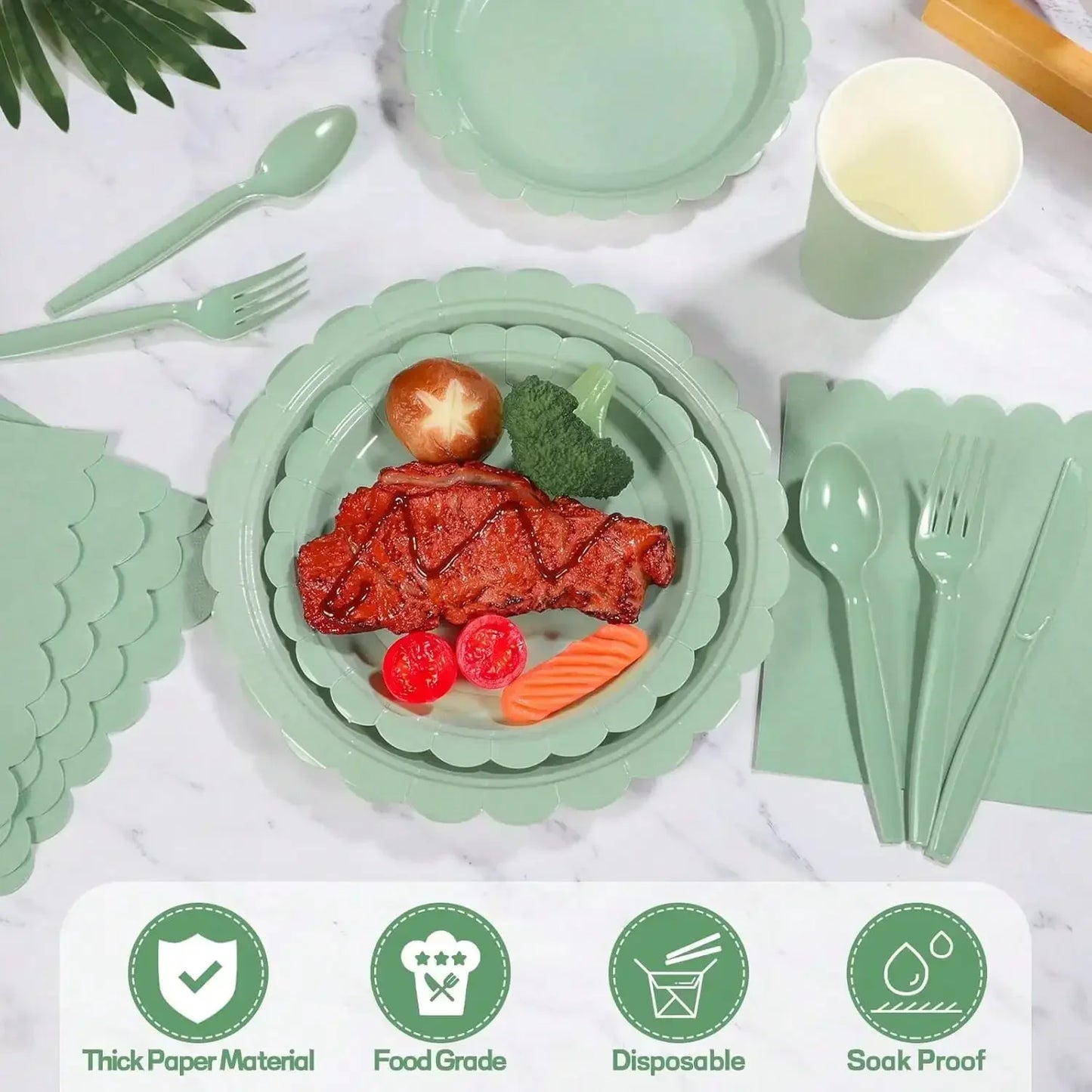 96 Pcs Sage Green Party Cutlery Set Disposable Paper Plates and Cups, Suitable for Weddings, Birthdays, Valentine's Day Supplies