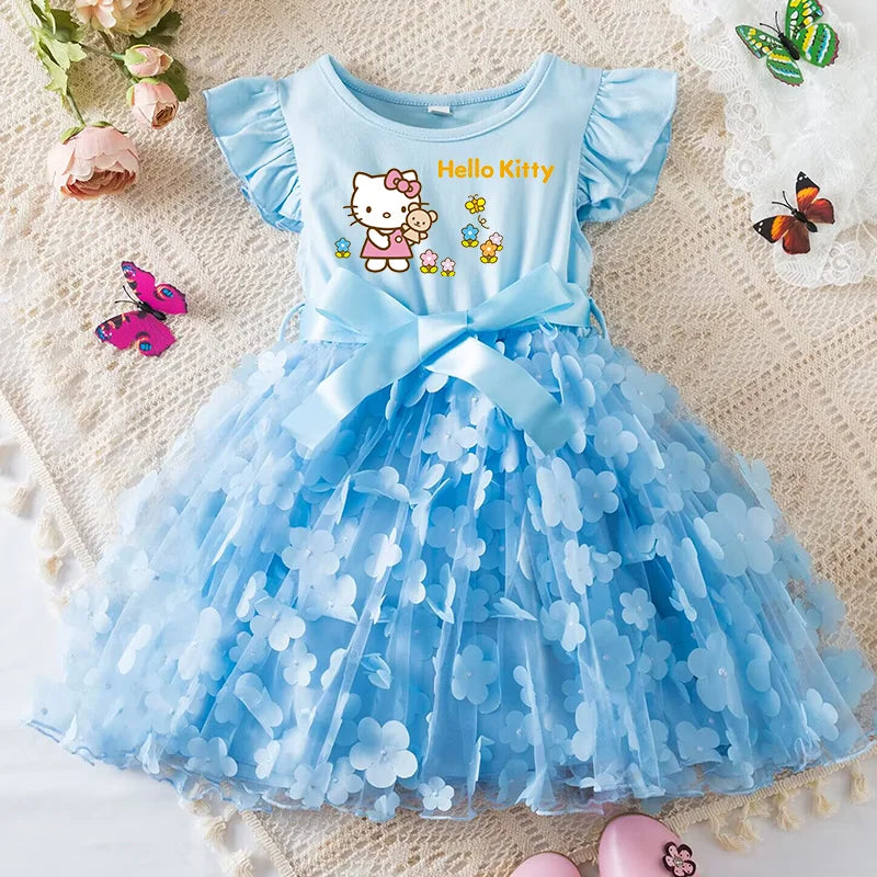 Hello Kitty Girls Summer Dress Cartoon Bow Tutu Dress 3D Butterfly Cute Cotton Party Casual Dress for Baby 2-6 Years
