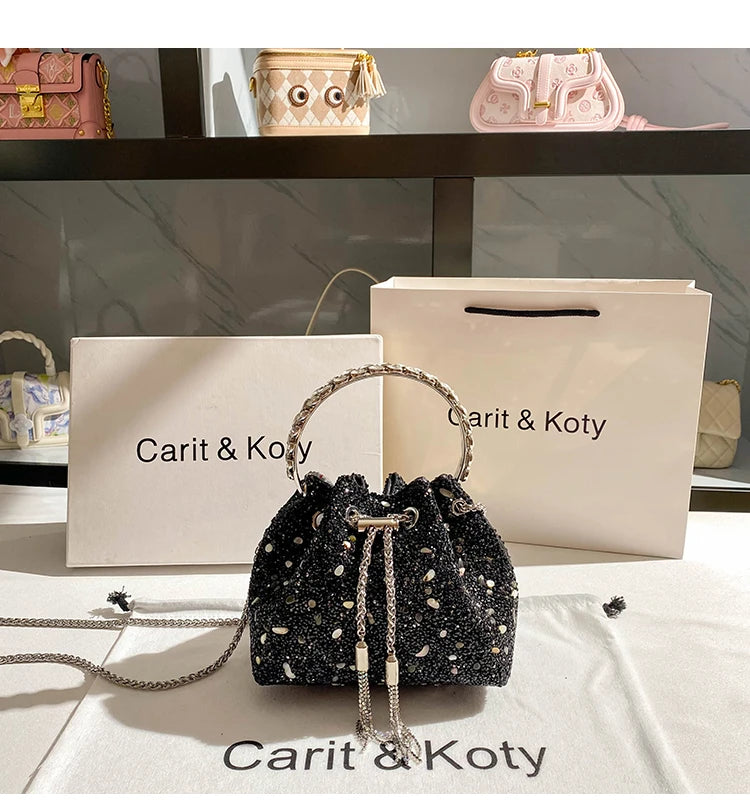 Luxury Designer Colorful Stones Evening Clutch Bag Wedding Party Bucket Purse Metal Handle Women Handbag Shoulder Messenger Bag