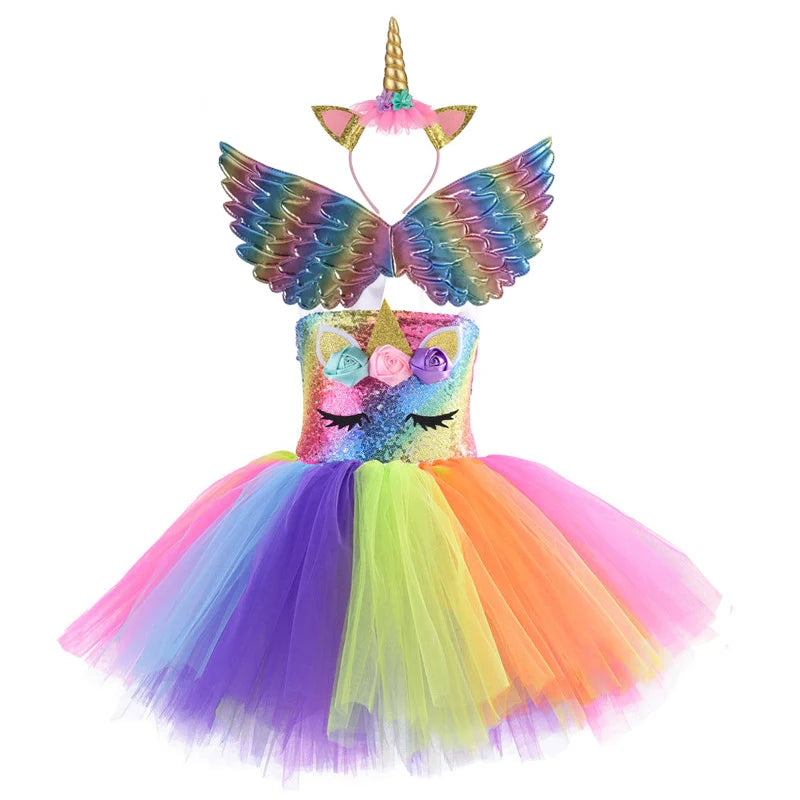 Rainbow Unicorn Dress with Flower Angel Wings Party Dress Princess Costume Cosplay Pony Ball Gown Baby Kids Dresses for Girls