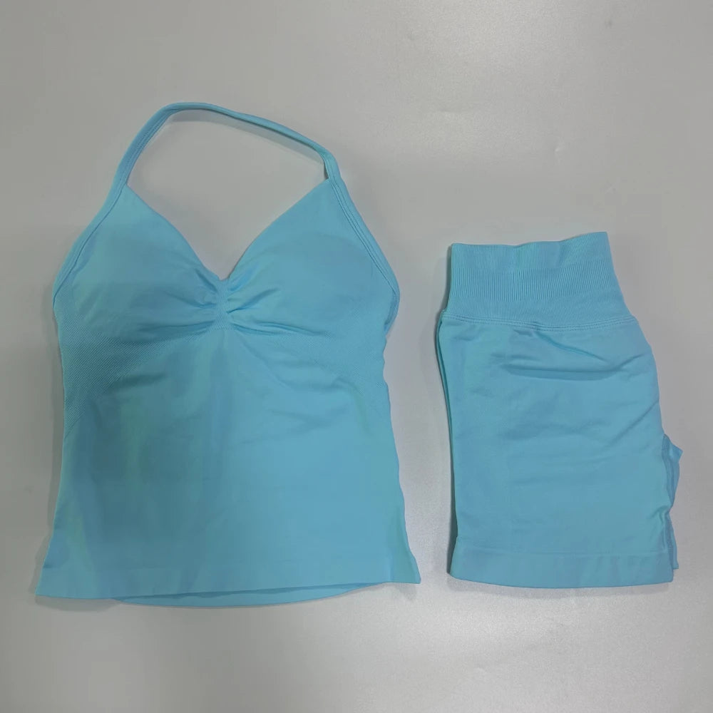 2Pcs Gym Set Women Backless Tank Tops High Waist Scrunch Seamless Shorts