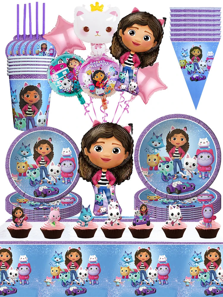 Disney Gabby Dollhouse Birthday Party Decoration Balloon Napkins Children's Disposable Tableware Theme Party Supplies Kids Gifts