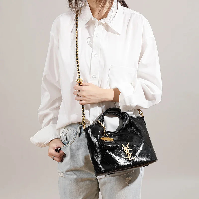 Premium handbag with diamond grid embroidery thread, large capacity vegetable basket bag, chain bar crossbody bag