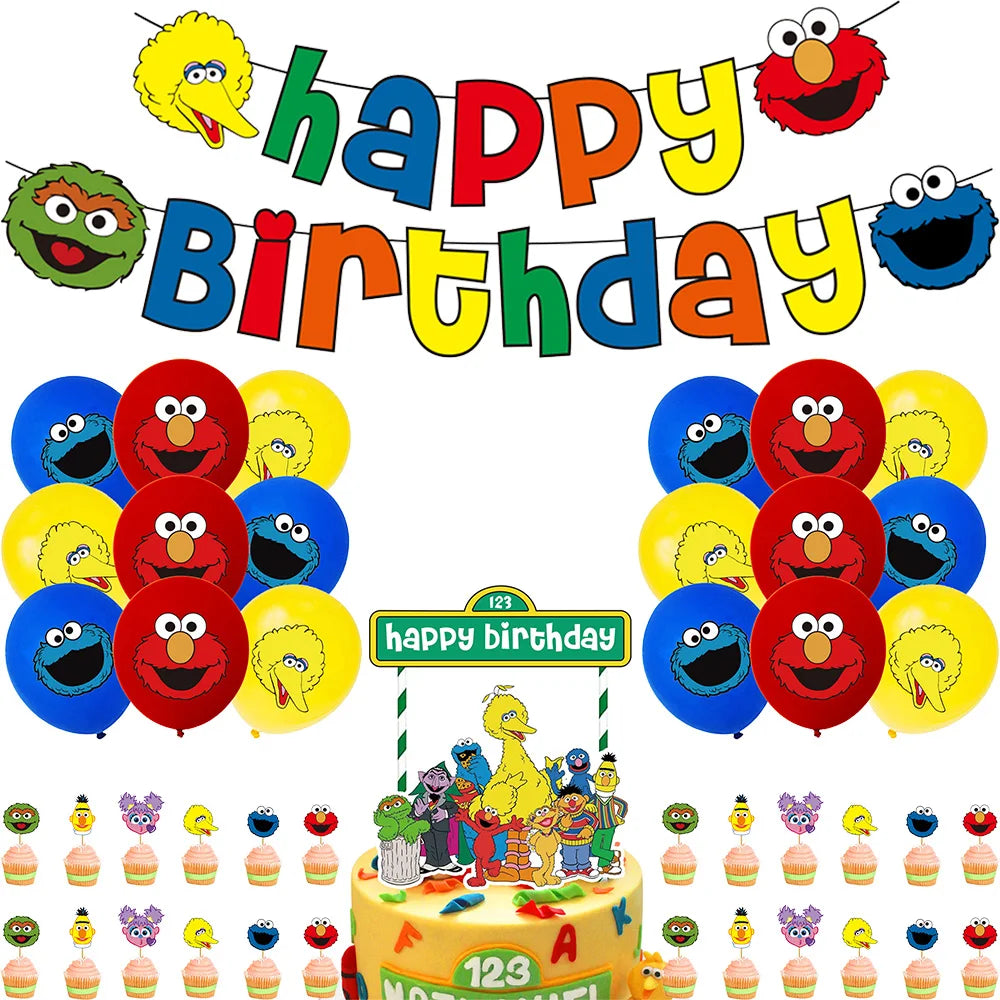 Cartoon Sesames  Street Birthday Party Decor Elmo and Friends Theme Tablecloth Plate Balloon Set Cake Decor Baby Shower