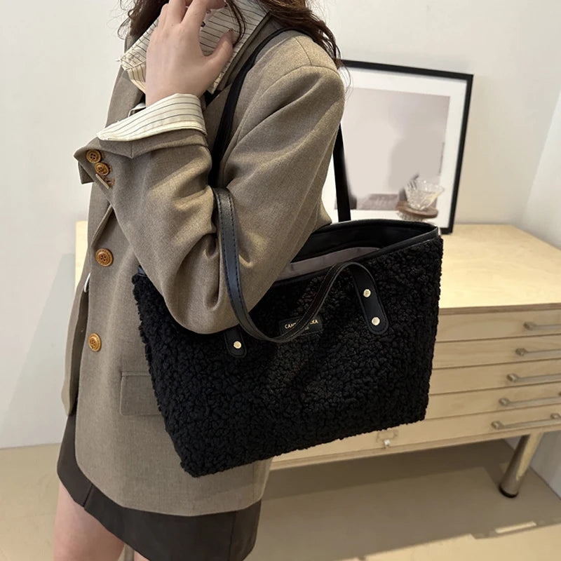Soft Handbag Large Capacity Fall Winter Shoulder Bag Women Lamb Wool Tote Bag Zipper Closure Casual Shopping Traveling Tote