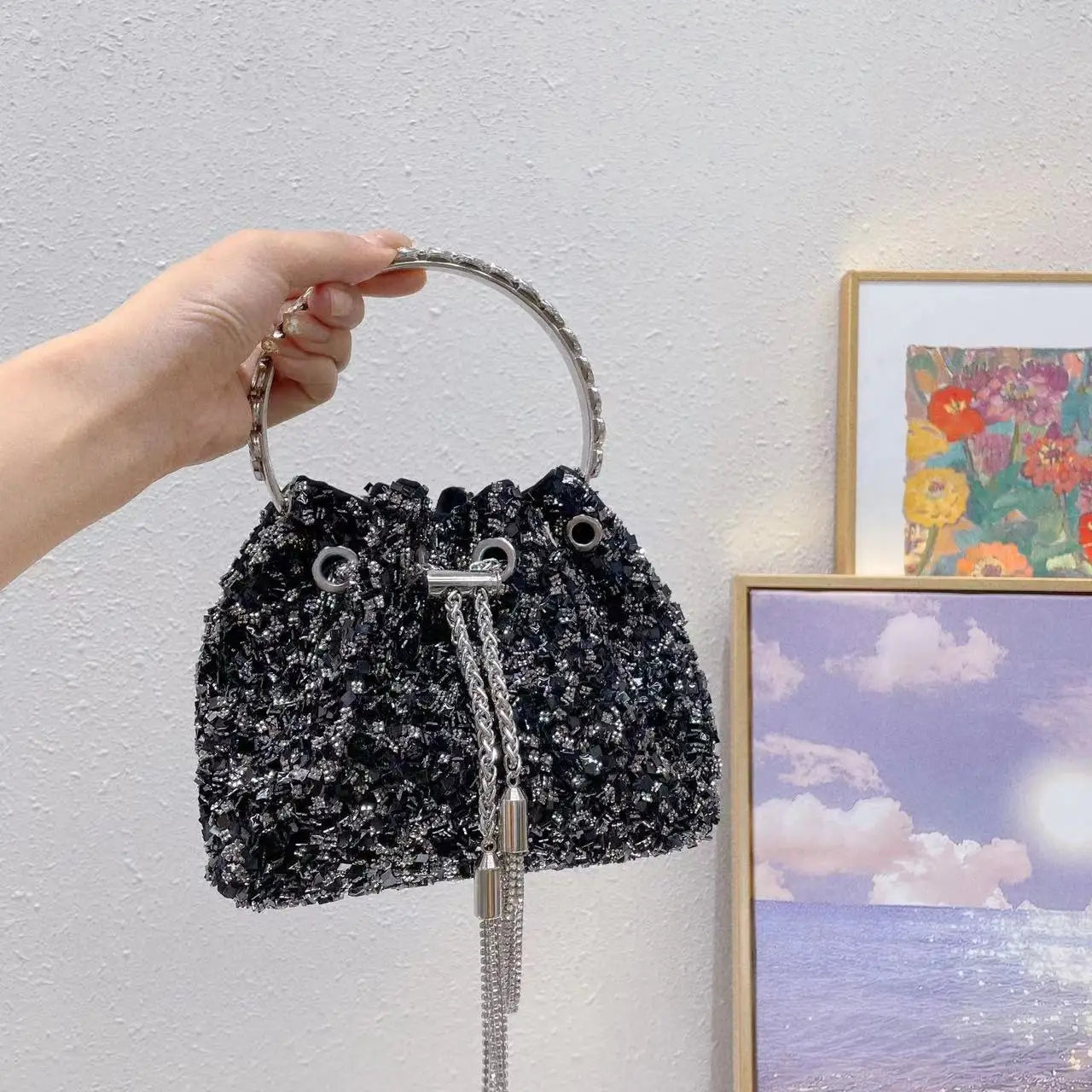 Luxury Designer Colorful Stones Evening Clutch Bag Wedding Party Bucket Purse Metal Handle Women Handbag Shoulder Messenger Bag