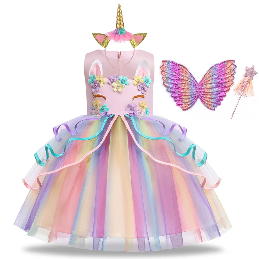 Summer Dress Girl Unicorn Cosplay Costume Children's Day Mesh Rainbow Tulle Princess Dress for Birthday Gift Kids Fashion Dress