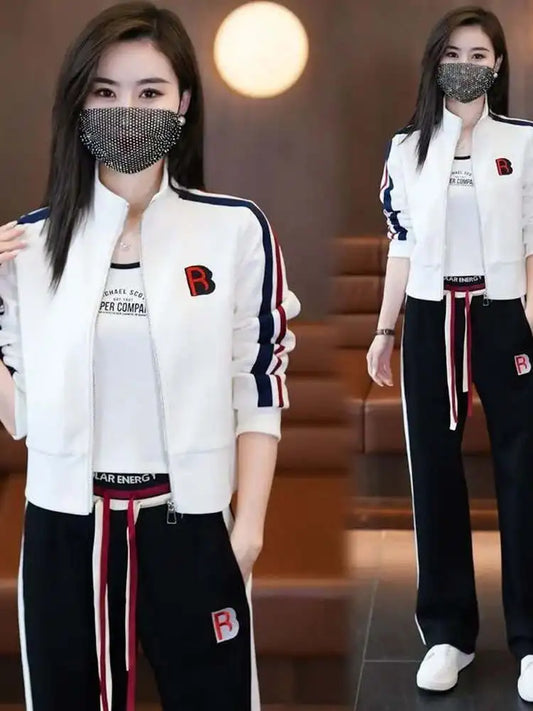 Fashionable Sportswear Two-Piece Set Ladies Wide Leg Pants Jacket Casual Spring Autumn Outfit Stylish Zipper Closure Long Sleeve