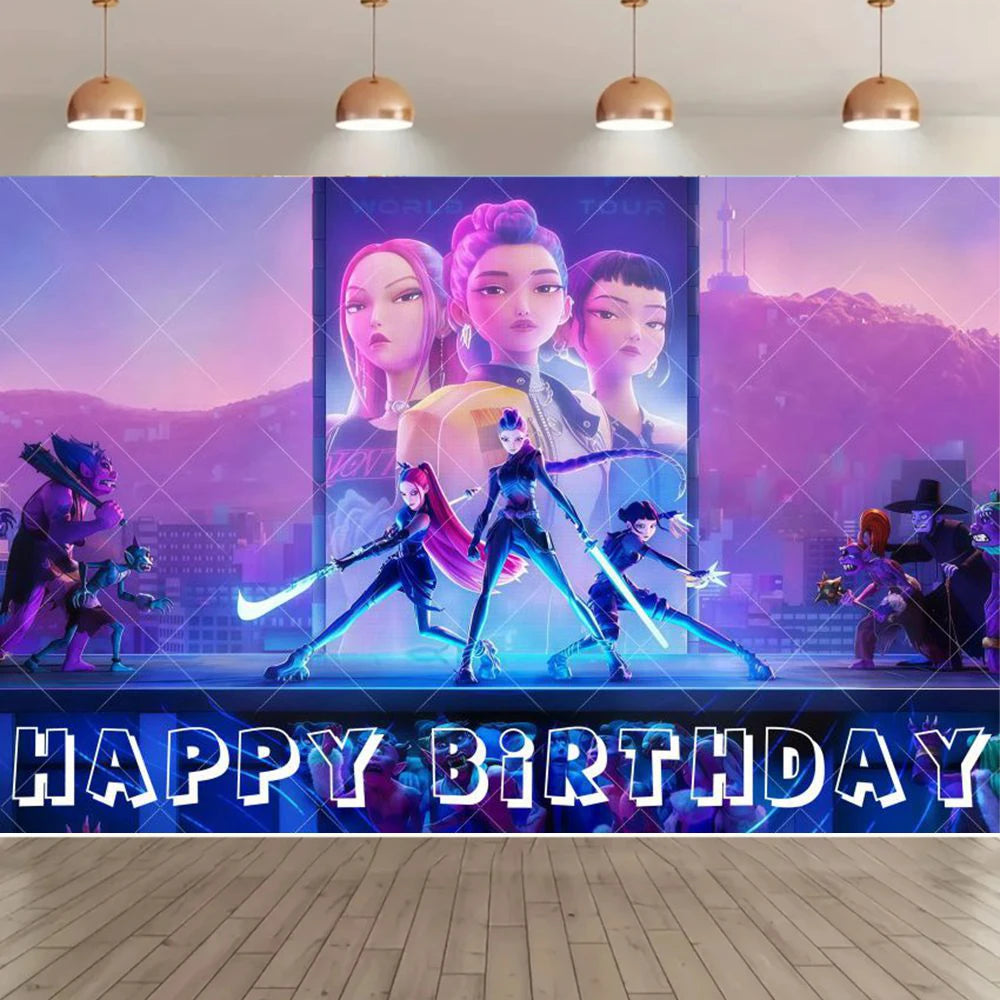 Adult Children's Birthday Party Decorations Background Hot KPop Girl Demon Hunters Backdrop Baby Shower Banner Photo Booth Props