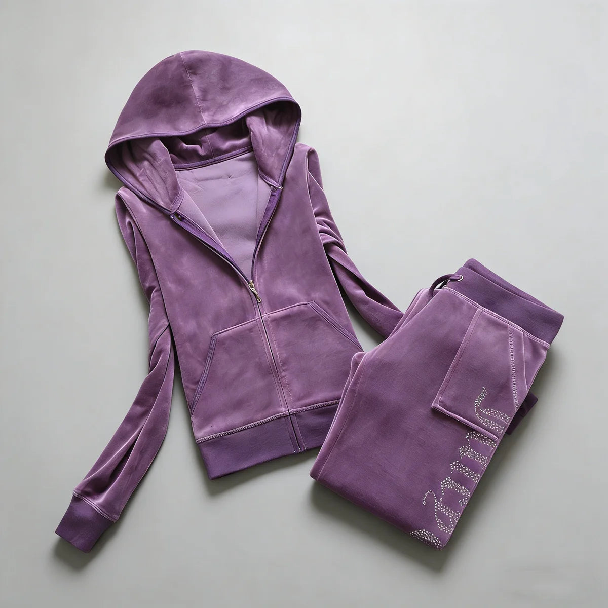 Y2K Women's Velvet Tracksuit 2 Piece Set Rhinestone Crown Print Hoodie + Straight Pants Slim Fit Loungewear Multiple Colors