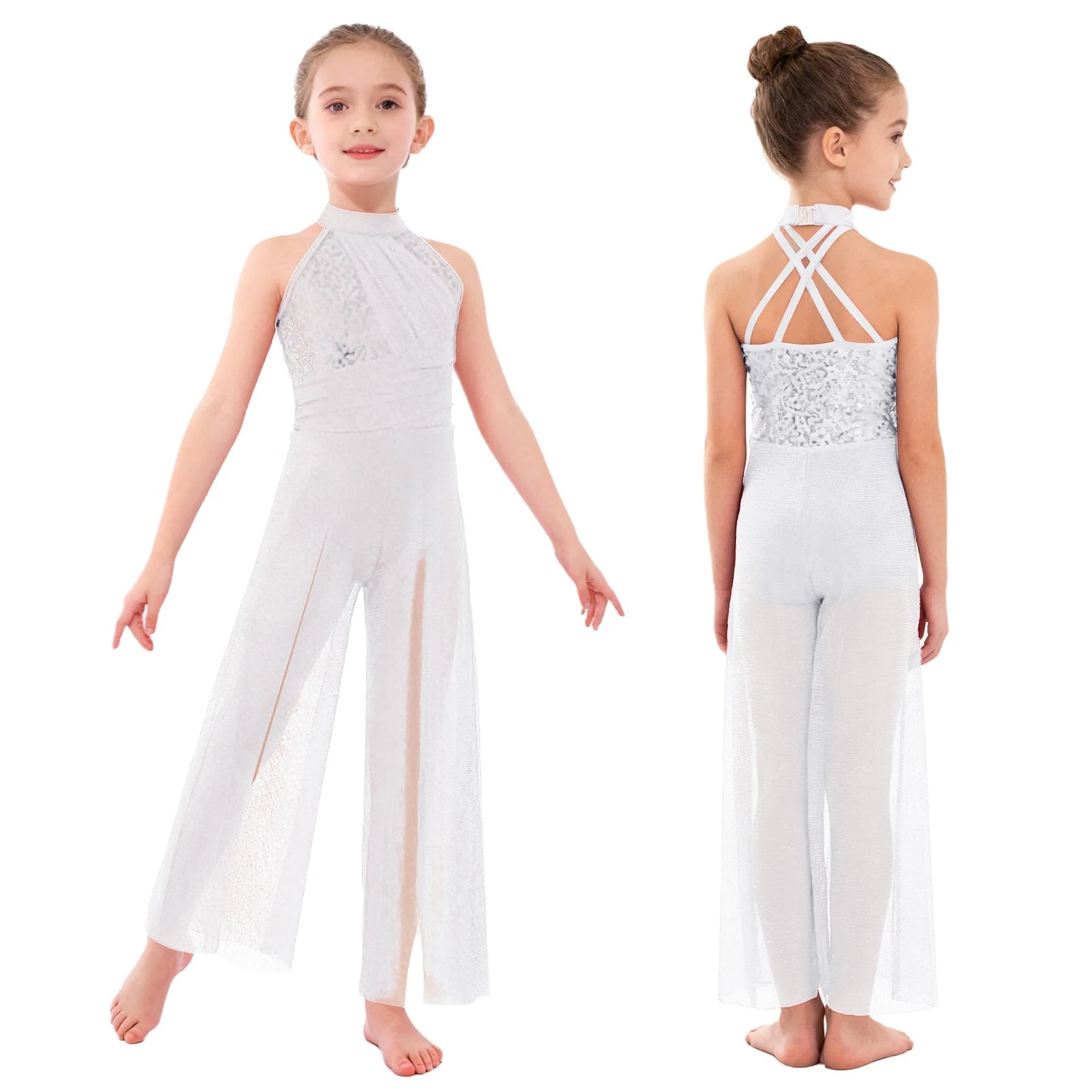 Children Girls Modern Lyrical Dance Jumpsuit Sleeveless Shiny Sequin Mesh Split Ballet Figure Skating Gymnastic Leotard Bodysuit