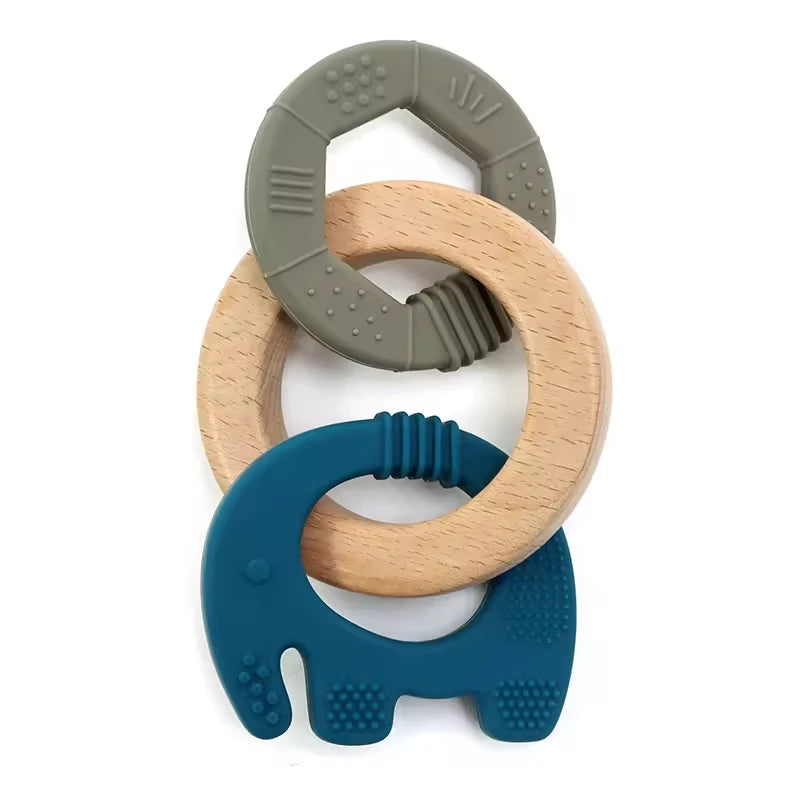 Baby Teething Toys Silicone Wooden Ring Teether BPA Free Cute Elephant Babies Chew Toy for Boys and Girls Newborn Gifts