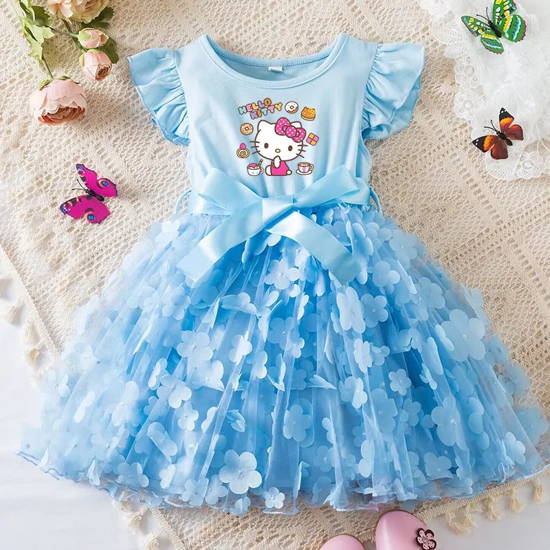 Hello Kitty Girls Summer Dress Cartoon Bow Tutu Dress 3D Butterfly Cute Cotton Party Casual Dress for Baby 2-6 Years