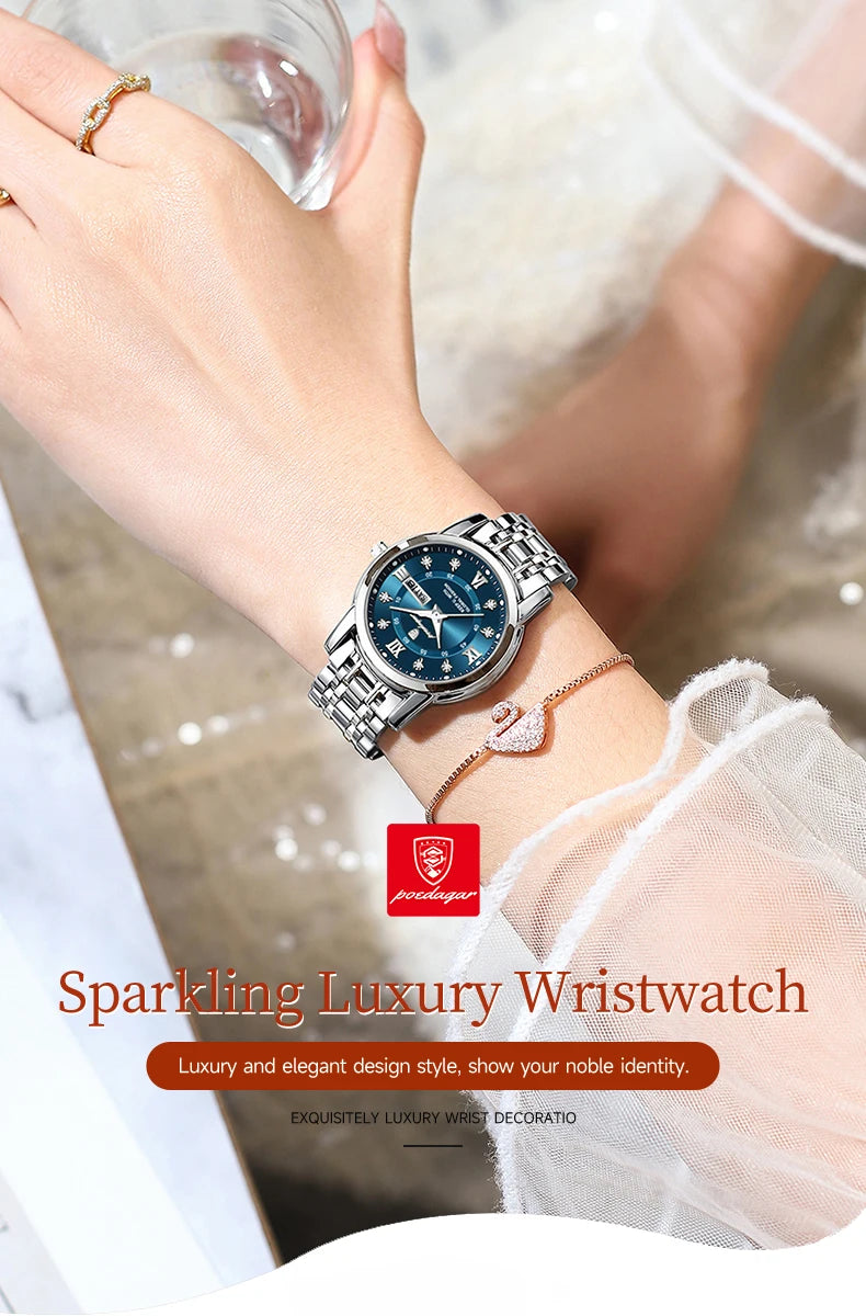 POEDAGAR Luxury Women Wristwatch Waterproof Luminous Date Week Women's Watches Stainless Steel Elegant Dress Quartz Ladies Watch