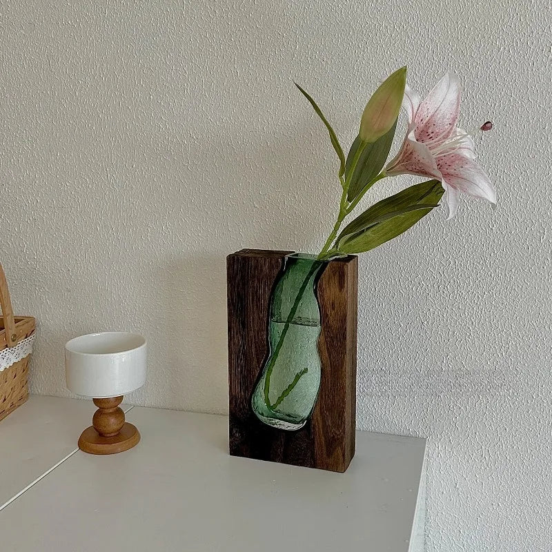 Green Glass Vase with Solid Wood Base Wabi-Sabi Style Rustic Floral Display Jar for Chinese New Year Entryway Flower Decoration