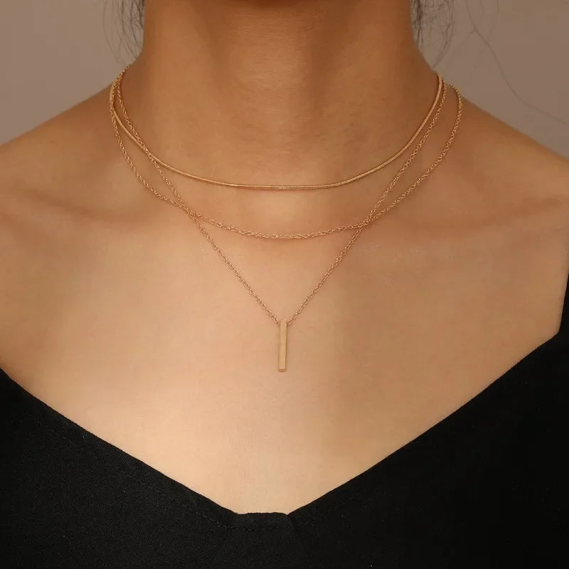 925 Sterling Silver Three-Layer Stacking Necklace Women Simple Strip Pendant Waterproof Hypoallergenic Collarbone Chain Jewelry
