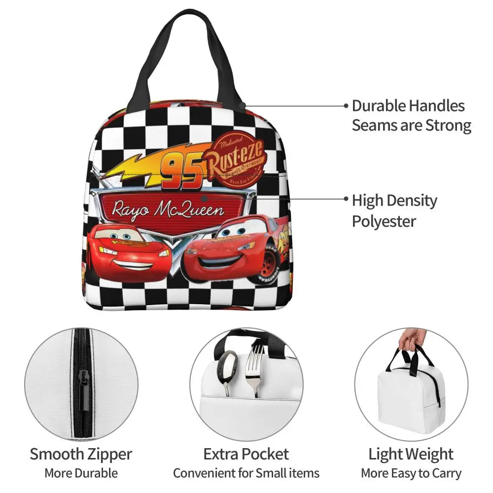 Custom Car 95 Lightning Mcqueen Insulated Lunch Bag for Women Resuable Racing Car Thermal Cooler Bento Box Office Picnic Travel