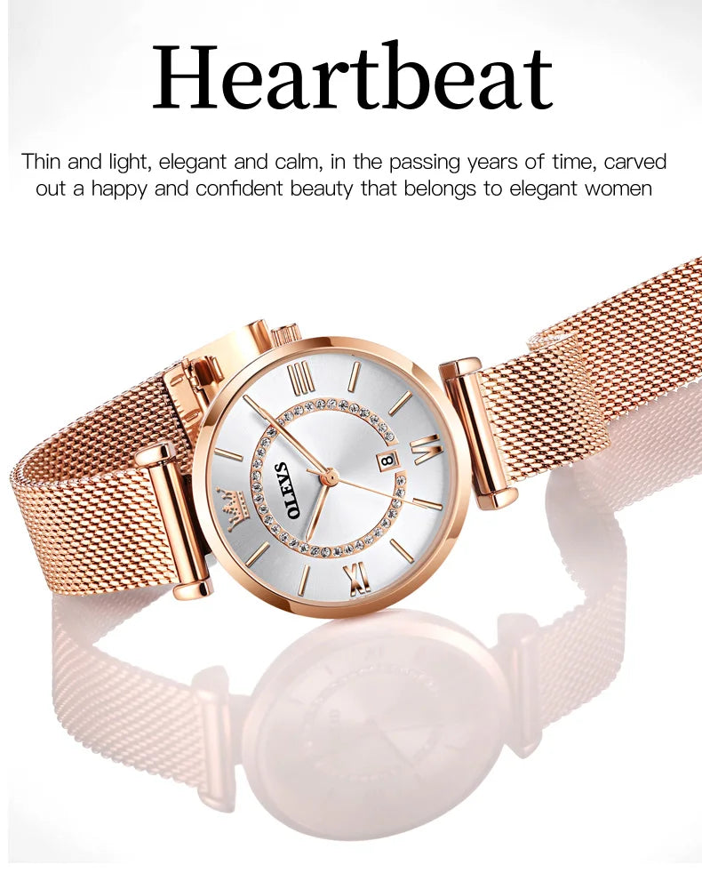 OLEVS 6892 Women's Watches Elegant Fashion Original Wristwatch Waterproof Stainless Steel Mesh Belt Luminous Inlaid Zircon