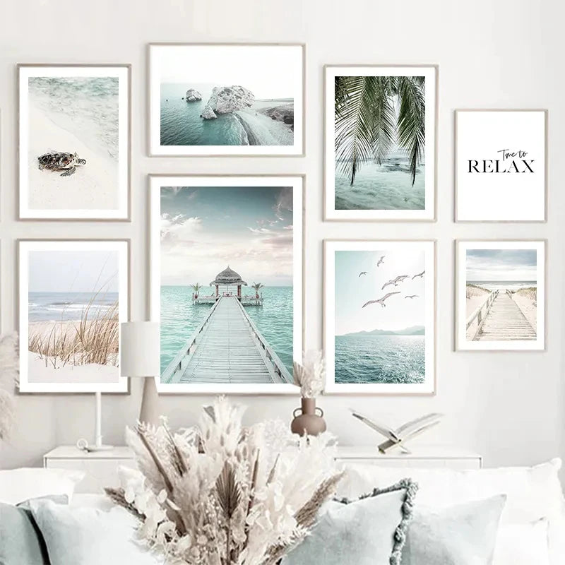 Beach Sea Ocean Canvas Wall Art Poster Bridge Leaves Turtle Seagull Print Painting Vibrant Summer Picture Nordic Home Decoration