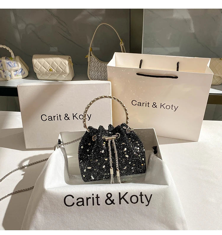 Luxury Designer Colorful Stones Evening Clutch Bag Wedding Party Bucket Purse Metal Handle Women Handbag Shoulder Messenger Bag