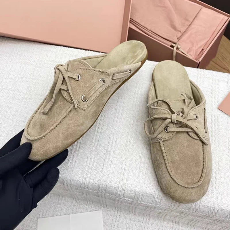 2026 New Fashion Women Slippers Leisure Slip on Summer Beach Holiday Leather Lace Up Versatile Round Toe Flat Loafers Sandals