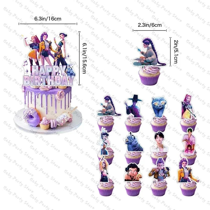 Demon Hunters Paper Cupcakes Topper Decor Birthday Cake Topper Set K-pop Anime Movie Demon Hunters Girls Party Cake Decora
