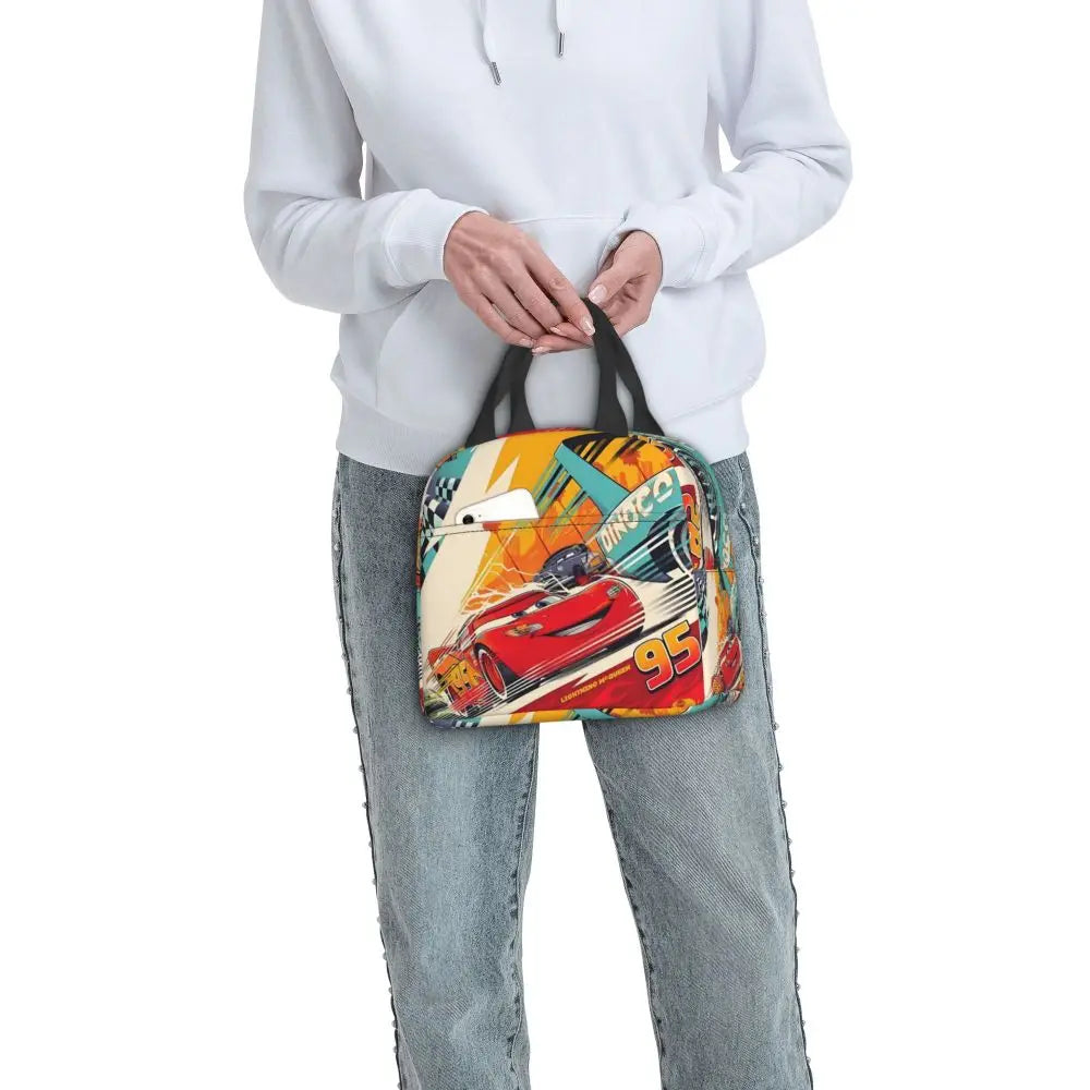 Custom Car 95 Lightning Mcqueen Insulated Lunch Bag for Women Resuable Racing Car Thermal Cooler Bento Box Office Picnic Travel