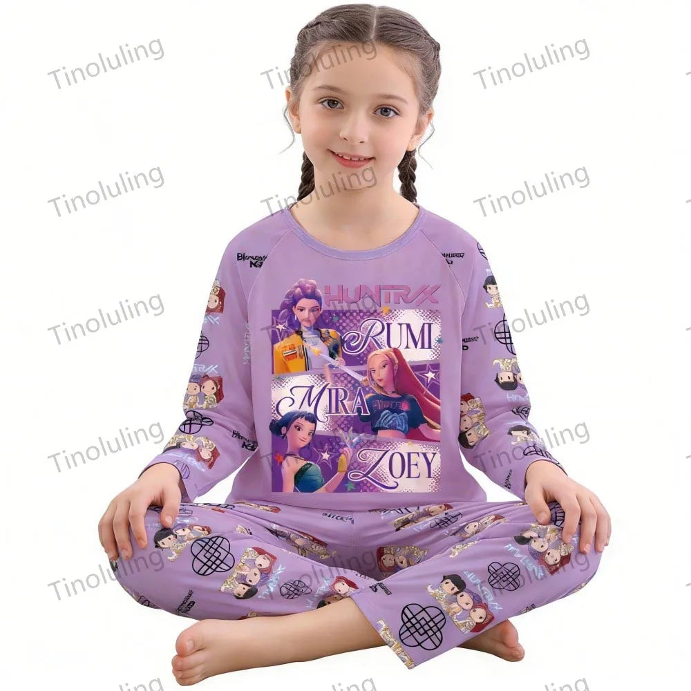 KPop Demon Hunters Huntrix Kids Pajamas Set Long Sleeve Girls Clothing 2pcs Children's Sleepwear Cartoon Boys Nightwear 3-14Y