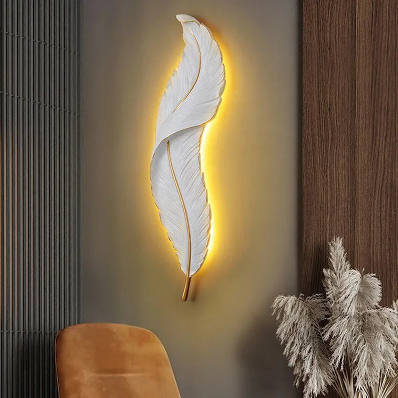 Nordic feather wall lamp, living room, bedroom, headboard, foyer, creative feather lamp, resin aisle, minimalist background ligh