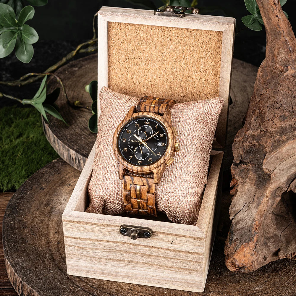 Wooden Watch for Men BOBO BIRD Chronograph Wristwatch with Luminous Hands Wood Watches Anniversary Gift for Him