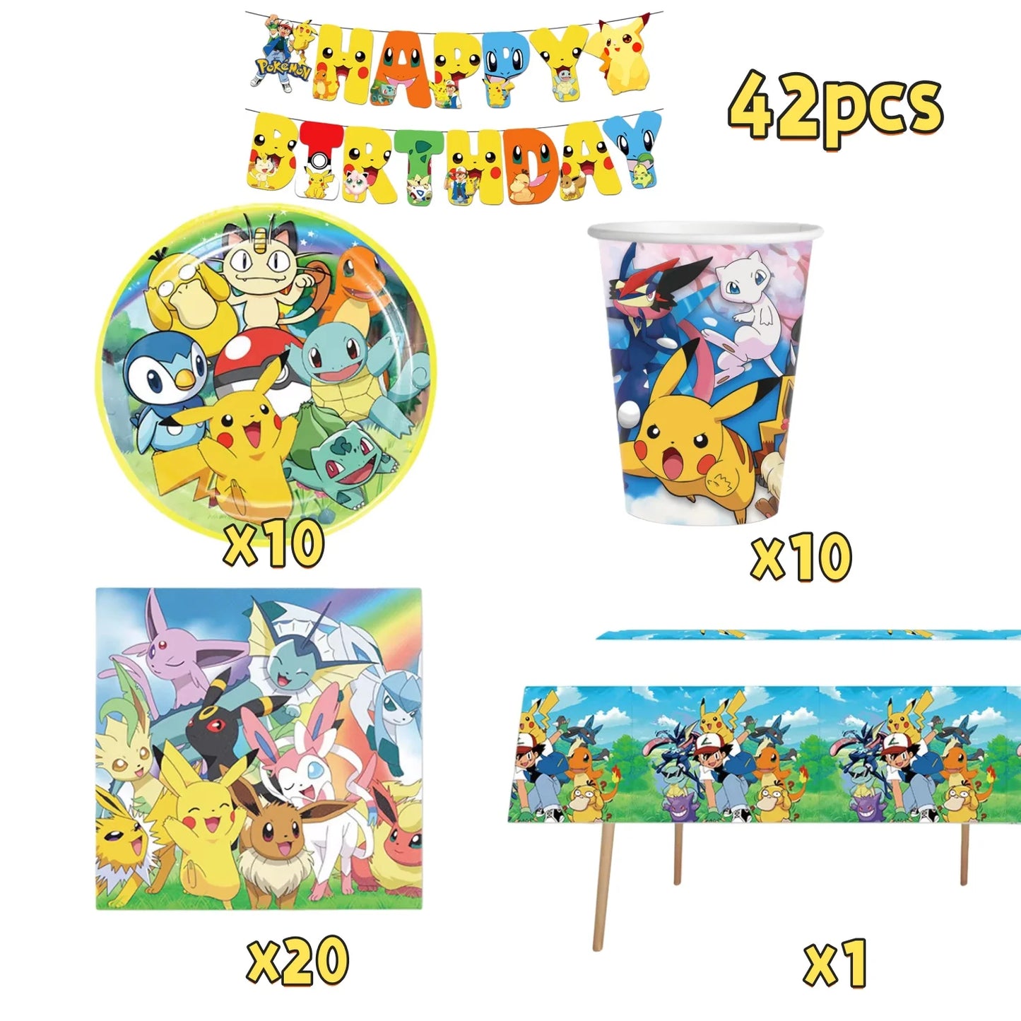 Pokemons Party Birthday Decoration Happy Pikachu Theme Tableware Cups Plates Balloons Banner Supplies Kids Favors Baby Shower