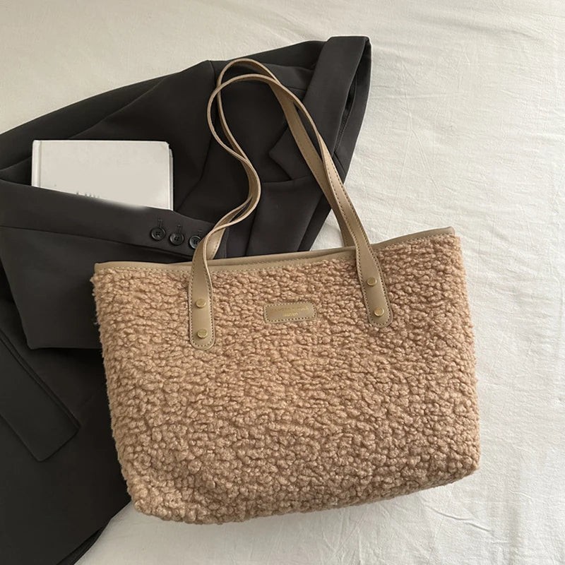 Soft Handbag Large Capacity Fall Winter Shoulder Bag Women Lamb Wool Tote Bag Zipper Closure Casual Shopping Traveling Tote