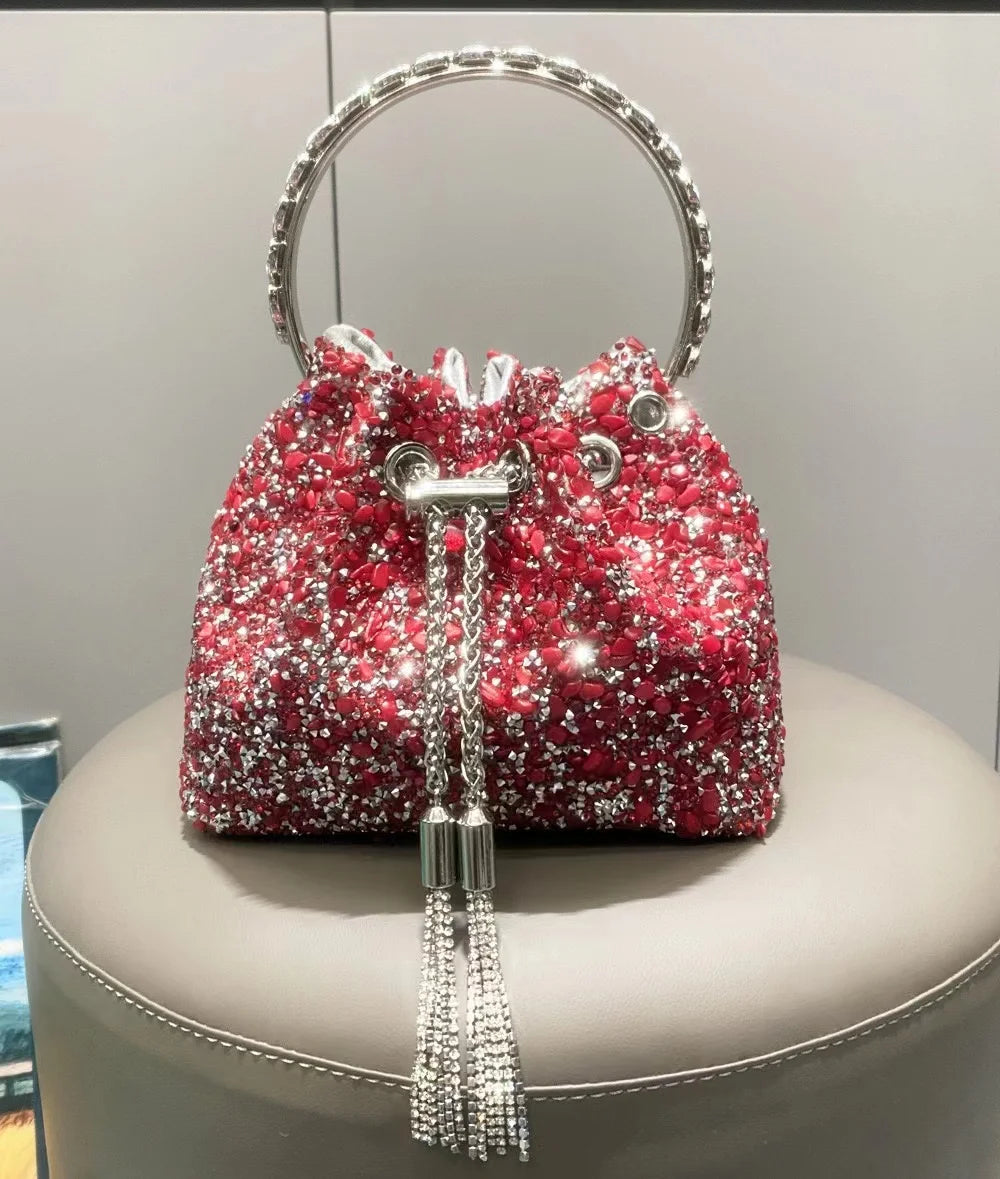 Luxury Designer Colorful Stones Evening Clutch Bag Wedding Party Bucket Purse Metal Handle Women Handbag Shoulder Messenger Bag