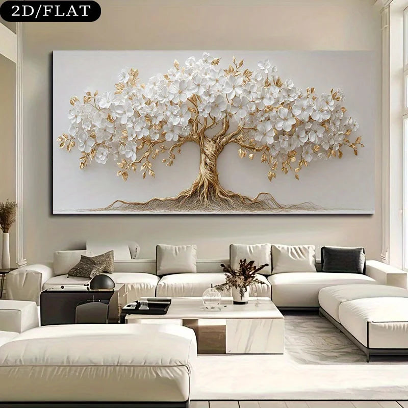 Large White Flower Nordic Tree Life Canvas Print  Beige Golden Branch Plant Wall Art Poster for Modern Living Room Home Decor