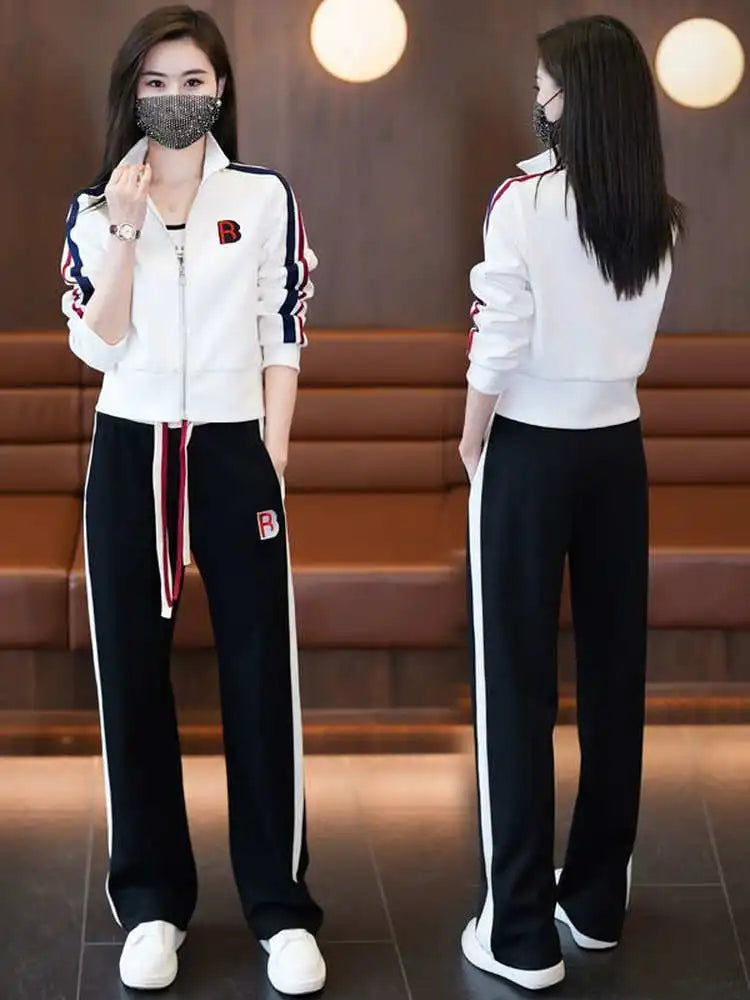 Fashionable Sportswear Two-Piece Set Ladies Wide Leg Pants Jacket Casual Spring Autumn Outfit Stylish Zipper Closure Long Sleeve