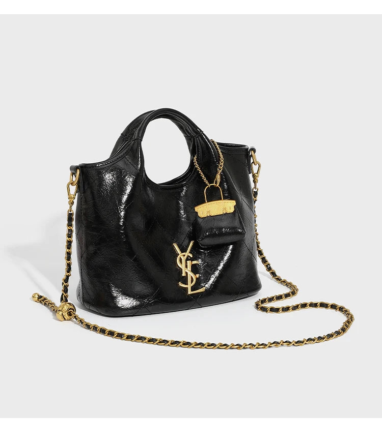 Premium handbag with diamond grid embroidery thread, large capacity vegetable basket bag, chain bar crossbody bag