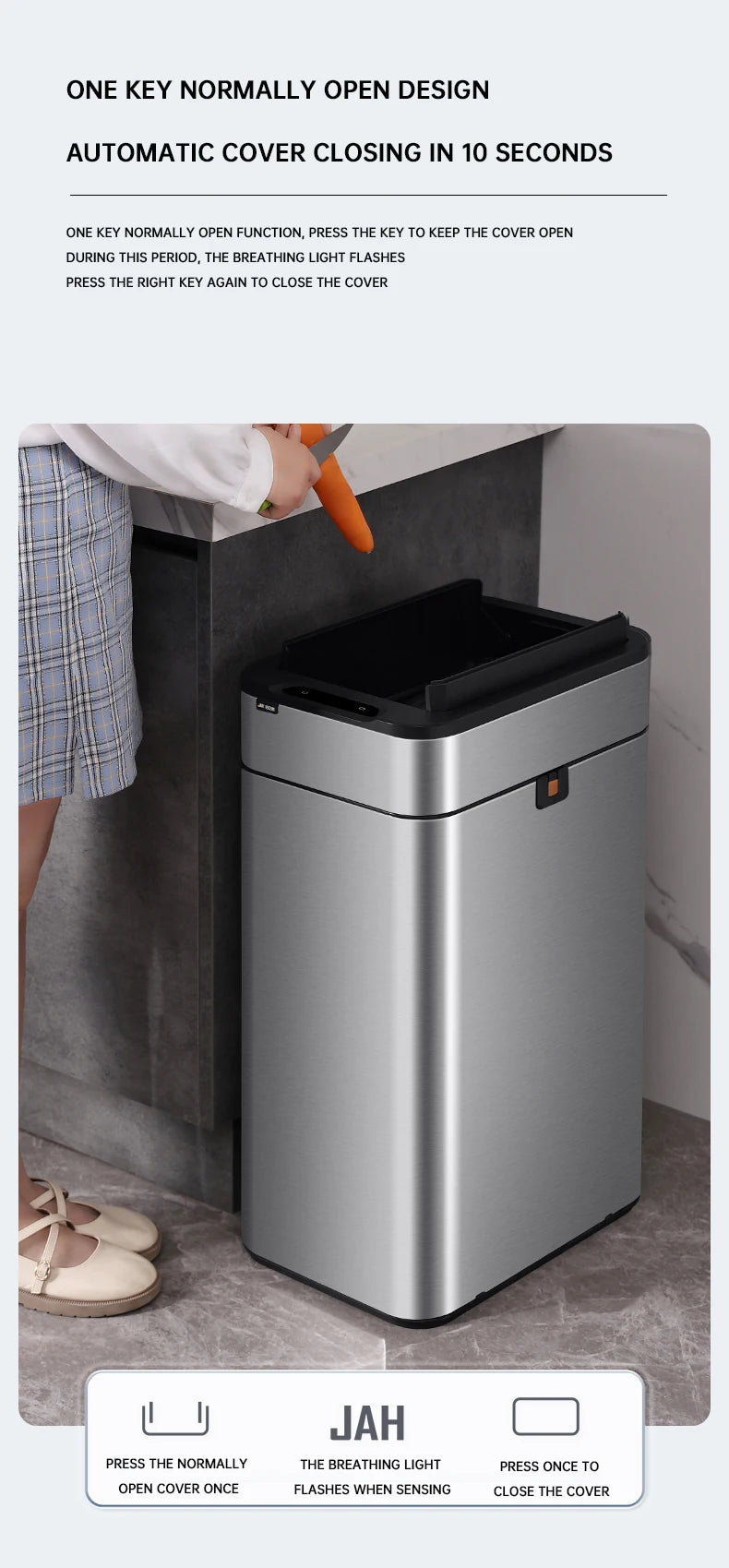 Smart Trash Can 15L 20L 30L 40L 50L 60L Stainless Steel Waste bin High Trash Cans Garbage Bin for Kitchen Trash Can Wastebasket