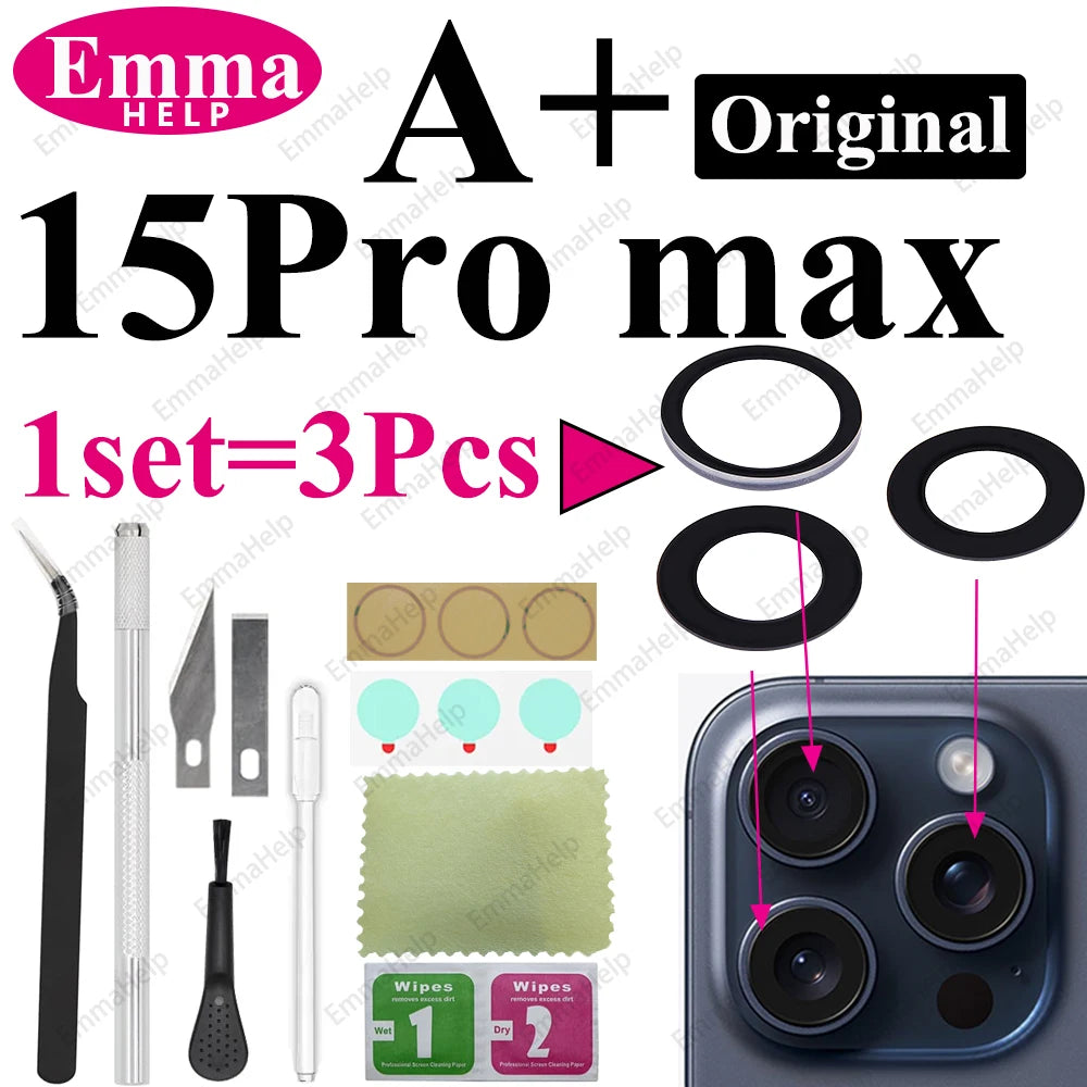 1Set Original Sapphire Rear Camera Glass Replacement for iPhone 16 15 14 Pro Max 12 13 Mini 15 Plus Camera Lens Repair Tool Kits
