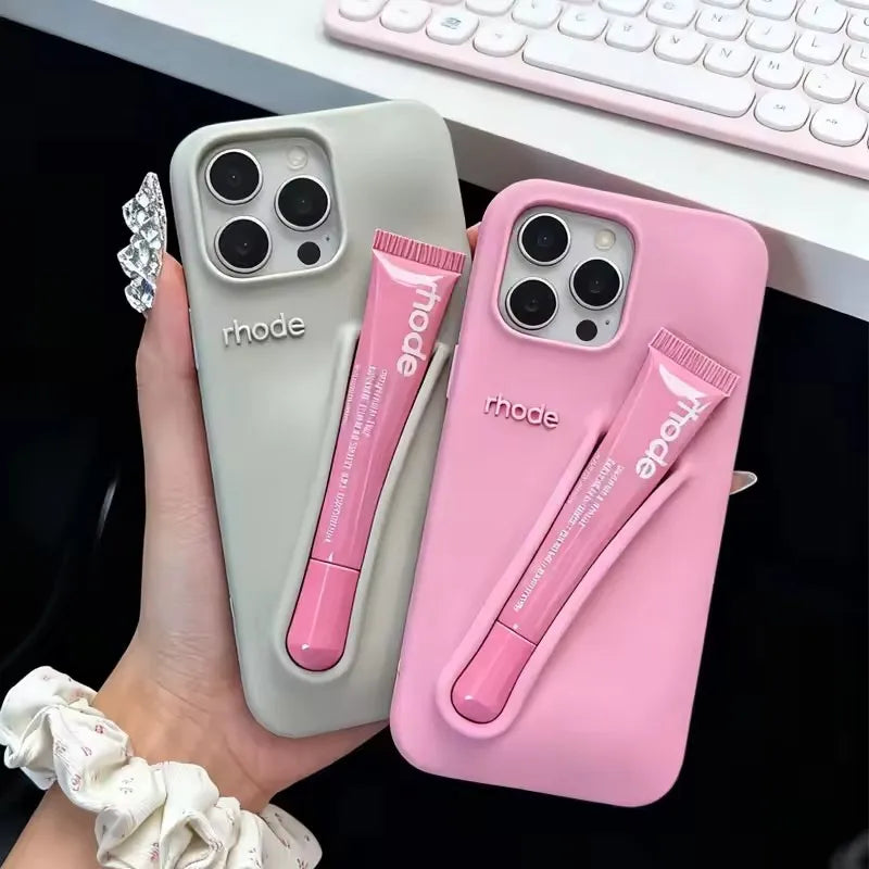RHODE lip gloss, suitable for iPhone 11/13/14/15/16/17 Pro Max Plus, makeup lip gloss silicone protective cover, with lip gloss