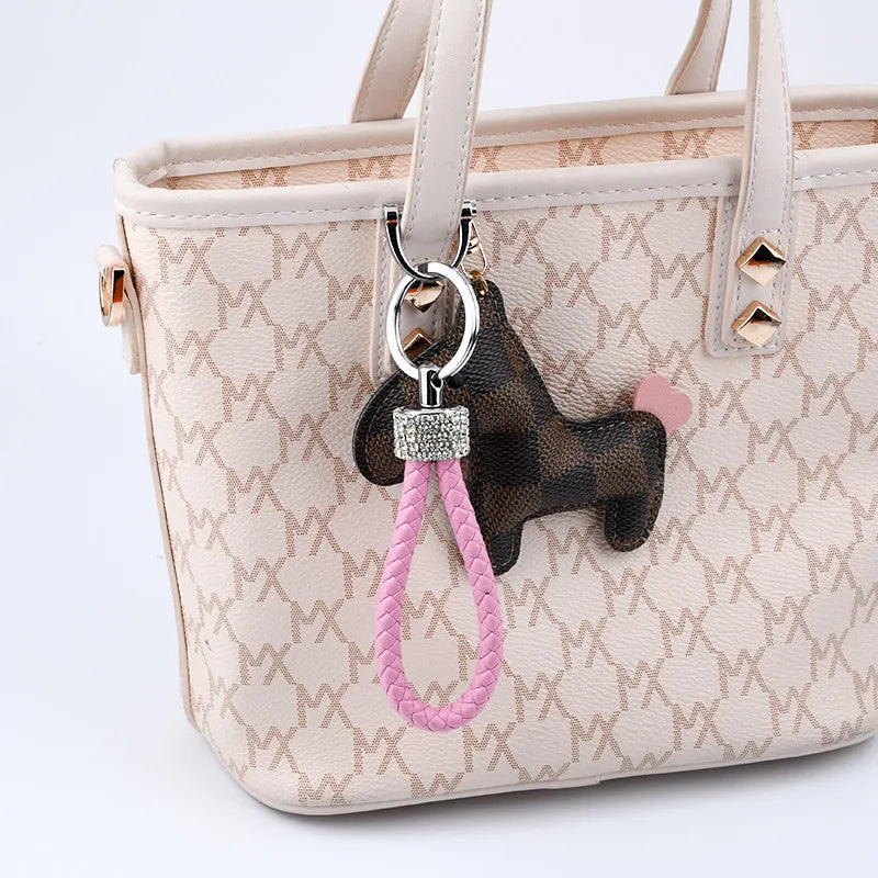 Creative Hand Woven Leather Car Keychain With Diamond Women Men Wallet Backpack Charm Bling Crystal Rope Keyring For Couple Gift