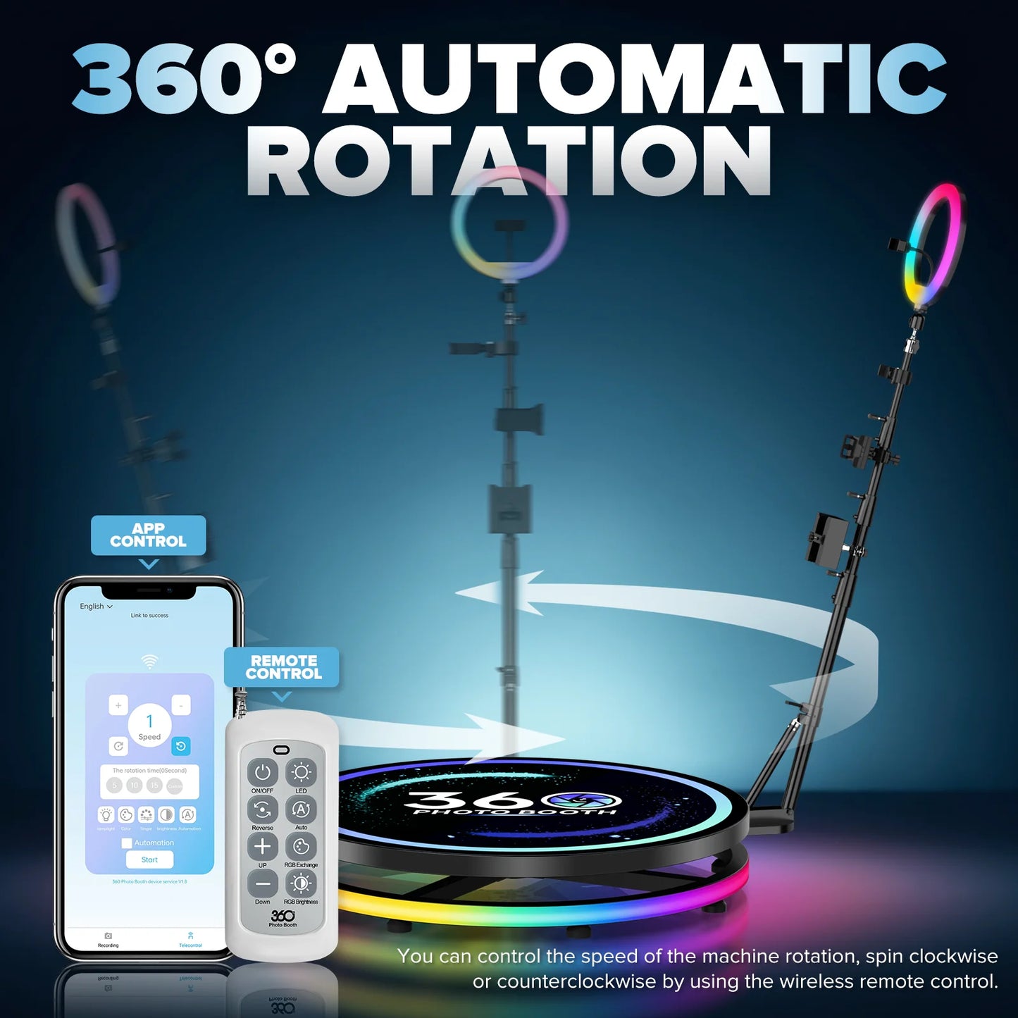 360 Photo Booth Automatic Rotating Photo Booth Machine Ring Light for Party Wedding Rental with RGB Light & Flight Case