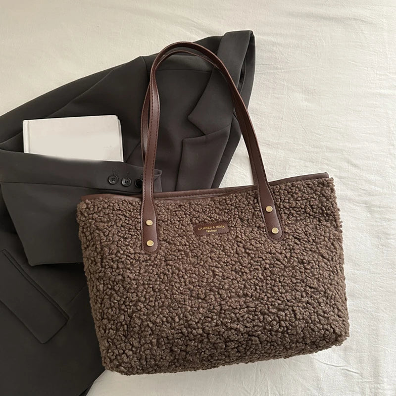 Soft Handbag Large Capacity Fall Winter Shoulder Bag Women Lamb Wool Tote Bag Zipper Closure Casual Shopping Traveling Tote